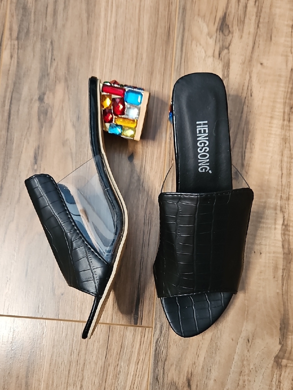 HENGSONG Black Textured Slide Sandals with Multicolor Gem Heels Size 43 10 1/2